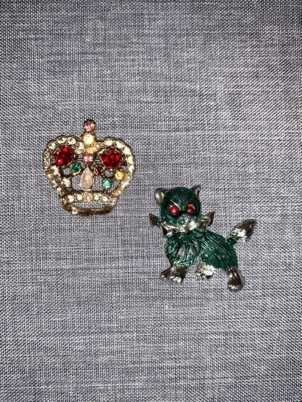 Vintage Crown & Cat Brooches
